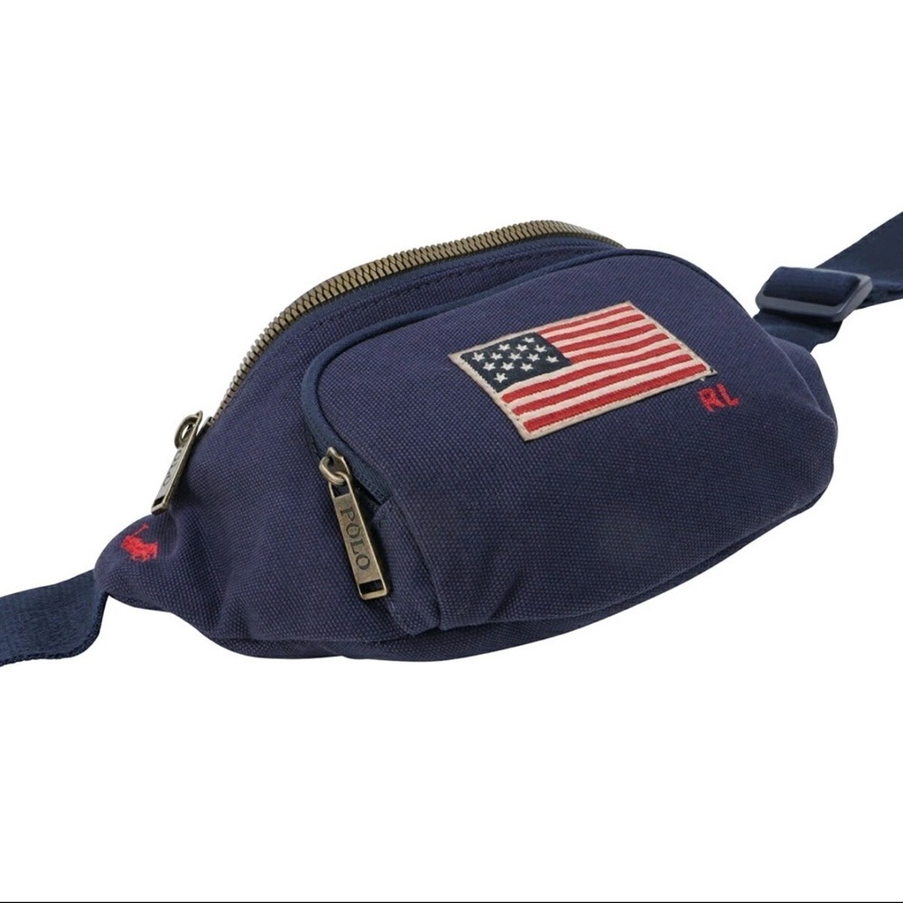 Polo Ralph Lauren Fanny Pack Waist Pack Navy Blue US Flag Patch 3 Pocket - NWT - Picture 5 of 13